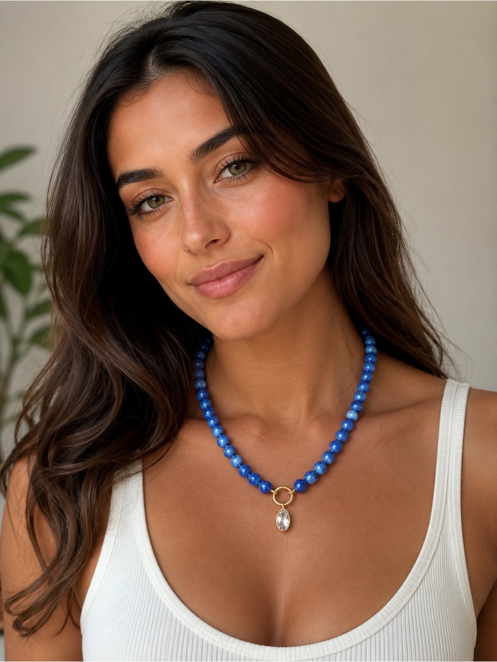 Gold-Accent Blue Beaded Necklace with Crystal Charm